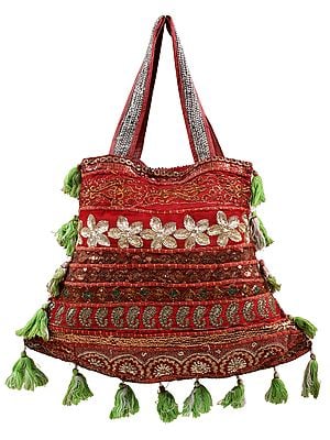 Multicolor Upcycled Patchwork Zari-Sequin Handcrafted Floral Large Shoulder Bag with Tassels From Jaipur