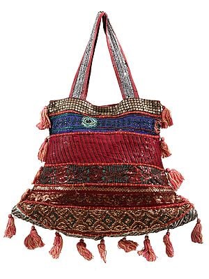 Multicolor Upcycled Patchwork Zari-Sequin Handcrafted Floral Large Shoulder Bag with Tassels from Jaipur