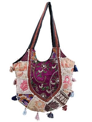 Multicolor Upcycled Patchwork Zari-Sequin Handcrafted Floral Large Shoulder Bag with Tassels from Jaipur