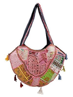 Multicolor Upcycled Patchwork Zari-Sequin Handcrafted Floral Large Shoulder Bag with Tassels from Jaipur