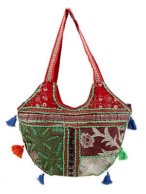 Assorted Patchwork Embellished Handcrafted Floral Medium Upcycled Shoulder Bag with Tassels From Jaipur