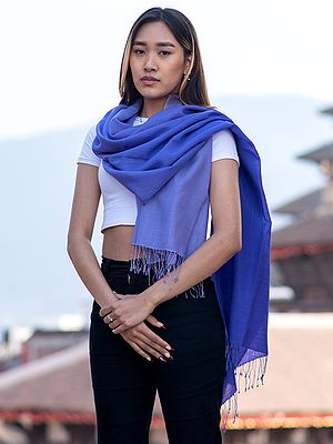 Royal-Blue Plain Pashmina Stole from Nepal with Fringe