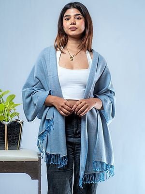 Powder-Blue Pashmina Silk Twill Weave Stole From Nepal With Fringe