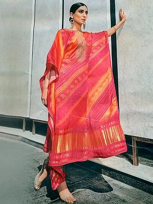 Satin Kaftaan Style Bandhani Printed Salwar Kameez With Zari-Resham-Sequin Floral-Paisley Pattern On Neck Placket And Gajji Patti On Border
