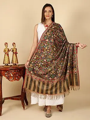 Caramel Pure Pashmina Handloom Kani Shawl with Multicolor Flower Patterned Beli and Red Stripe on Border