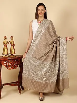 Mahogany-Rose Hand-Embroidered Pure Pashmina Sozni Shawl with Square Motif Weave And Mango Vine