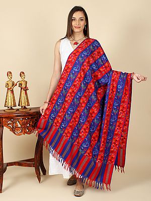 Handloom Kani Pure Pashmina Shawl with Dual Color Striped Kalga Pattern And Fringed Border