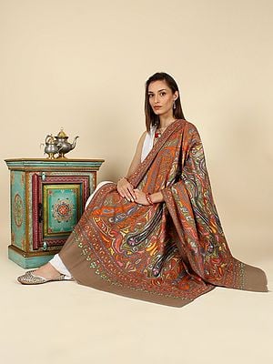 Amber-Brown Handloom Jamawar Pure Pashmina Shawl with All-Over Multicolor Bold Mughal Adapted Paisley Pattern