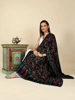 Black-Onyx Handloom Kani Pure Pashmina Shawl with Multicolor Floral Anthemion Pattern