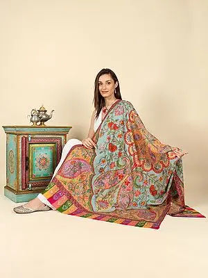 Multicolor Pure Pashmina Dry Brush Pattern Phoola Kalamkari Embroidered Shawl