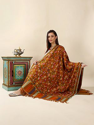 Honey-Ginger Pure Pashmina Handloom Kani Shawl with All-Over Multicolor Flower Patterned Beli And Fringes