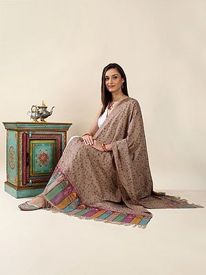 Café-Crème Handloom Pure Pashmina Shawl with Sozni Embroidered Lataa and Multicolor Kani Border