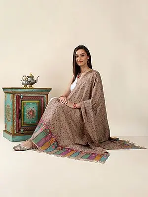 Café-Crème Handloom Pure Pashmina Shawl with Sozni Embroidered Lataa and Multicolor Kani Border