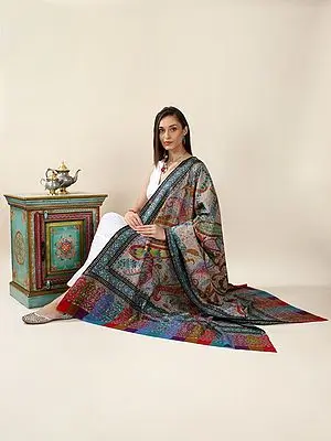 Multicolor Pure Pashmina Dry Brush Pattern Boteh Kalamkari Embroidered Shawl