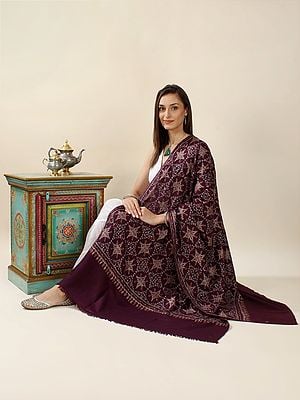 Magenta-Purple Pure Pashmina Shawl with Sozni Hand-Embroidered Jaaldaar North-Star Motif