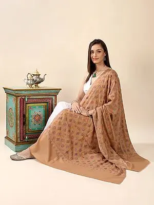 Peach-Bloom Sozni Hand-Embroidered Jaaldaar Trefoil-Abstract Motif Pure Pashmina Shawl