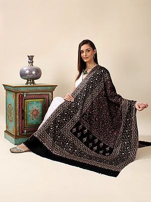 Black-Beauty Embellished Sozni Hand-Embroidered Jaaldaar Floral Creeper Motif Pure Pashmina Shawl