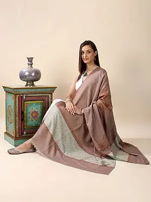 Rose-Tan Pure Pashmina Reversible Shawl with Hand-Embroidered Sozni Vine Motif