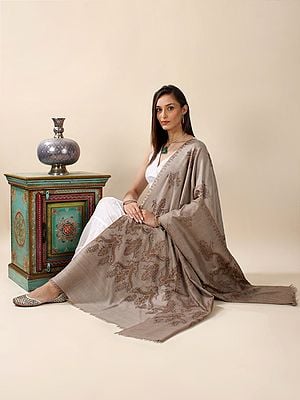Misty-Rose Hand-Embroidered Sozni Pure Pashmina Reversible Shawl with Kalga Vine Tracery Adapted Motif