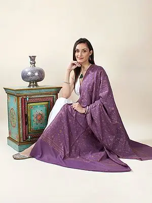 Iris-Orchid Pure Pashmina Sozni Hand-Embroidered Shawl with Jaaldaar Bela