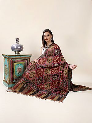 Toasted-Nut Pure Pashmina Handloom Kani Shawl with Mughal Flowers In Diamond Pattern And Fringe