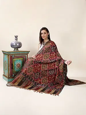 Toasted-Nut Pure Pashmina Handloom Kani Shawl with Mughal Flowers in Diamond Pattern and Fringe