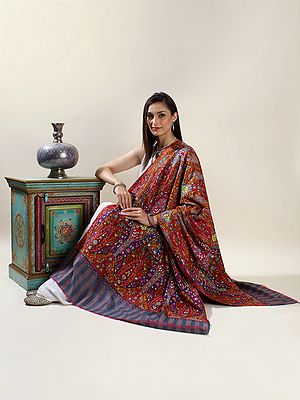 Multicolor Hand-Embroidered Jamawar Pure Pashmina Shawl with Art Deco Stained Glass Inspired Blossom Motif