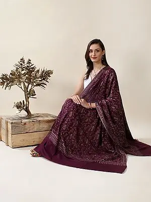 Red-Plum Pure Pashmina Sozni Hand-Embroidered Jaaldar Paisley Creeper Shawl