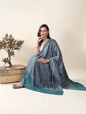 Provincial-Blue Hand-Embroidered Pure Pashmina Jamawar Arabesqe Pattern Shawl