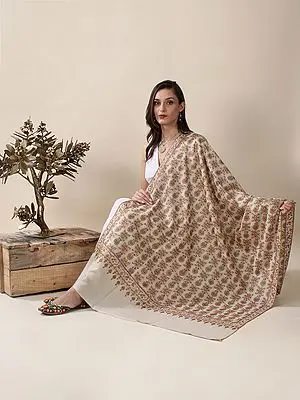 Turledove Pure Pashmina Jamawar Sozni Shawl With Hand-Embroidered Sunflower Striped Bail