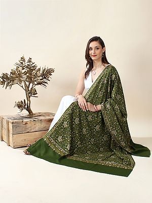 Cedar-Green Evergreen Hand-Embroidered Impala Lily Floral Zaildar Pattern Pure Pashmina Sozni Shawl