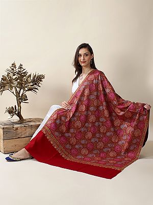 True-Red Hand-Embroidered Jamawar Pure Pashmina Sozni Shawl With All-Over Paisley-Floral Motif