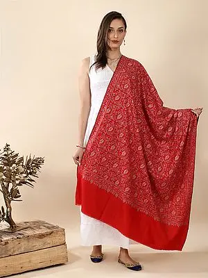 Flame-Scarlet Pure Pashmina Shawl with Sozni Hand-Embroidered Jaaldaar Floral Leaf Vine