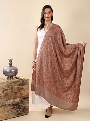 Maple-Sugar Pure Pashmina All-Over Multicolor Ogee Floral Pattern Hand-Embroidered Jamawar Shawl