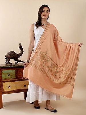 Peach Pure Pashmina Hand-Embroidered Shawl with Bold Kalka Motif and Leaf Vine Pattern on The Border
