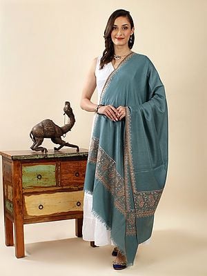 Smoke-Blue Pure Pashmina Shawl with Multicolor Hand-Embroidered Kalga Motif Broad Border