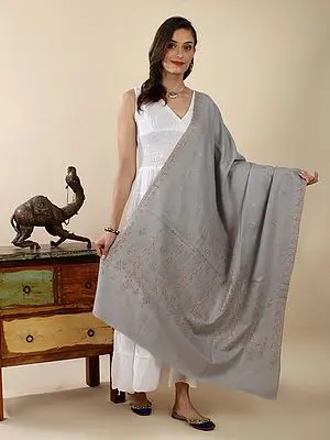 Mirage-Gray Pure Pashmina Hand-Embroidered Sozni Multicolor Floral Butta Motif Shawl and Striped Pattern Border