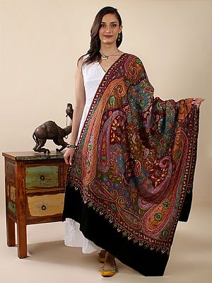 Black-Beauty Hand-Embroidered Multicolor Bold Paisley Motif Pure Pashmina Jamawar Sozni Kalamkari Shawl