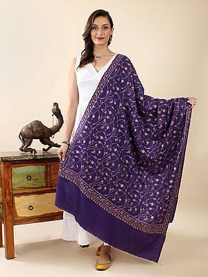 Purple-Sapphire Pure Pashmina Sozni Silk Thread Hand-Embroidered Shawl With Jaldaar Floral-Vine Pattern