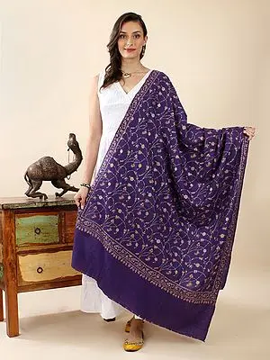 Purple-Sapphire Pure Pashmina Sozni Silk Thread Hand-Embroidered Shawl With Jaldaar Floral-Vine Pattern