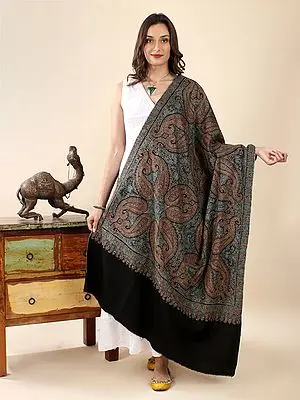 Black-Onyx Hand-Embroidered Pure Pashmina Sozni Jamawar Bold Mango Motif Shawl