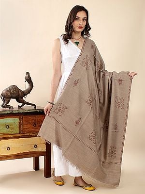 Brown Reversible Pure Pashmina Shawl with Sozni Hand-Embroidered Floral Butta