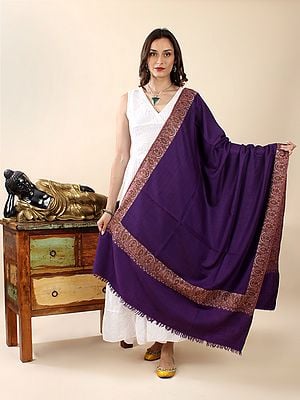 Amaranth-Purple Plain Pure Pashmina Shawl with Sozni Wide Hand-Embroidery on Border