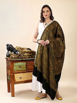 Moonless-Night Pure Pashmina Jamawar Shawl With Sozni Hand-Embroidery All-Over Phool-Aamra Lata