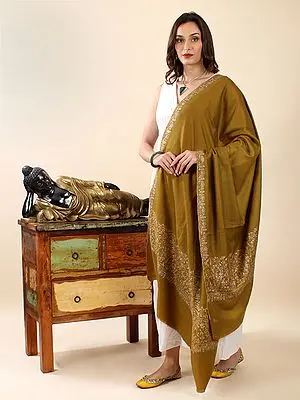 Tawny-Olive Pure Pashmina Sozni Hand-Embroidered Shawl with Multicolor Vine Thread Broad Border