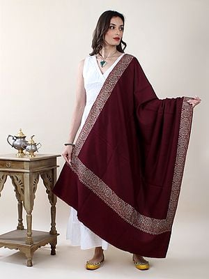 New-Maroon Sozni Hand-Embroidered Pure Pashmina Shawl With Multicolor Mughal Kalka Motif Bunch Pattern On Border