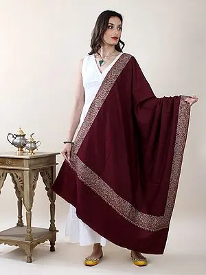 New-Maroon Sozni Hand-Embroidered Pure Pashmina Shawl with Multicolor Mughal Kalka Motif Bunch Pattern on Border