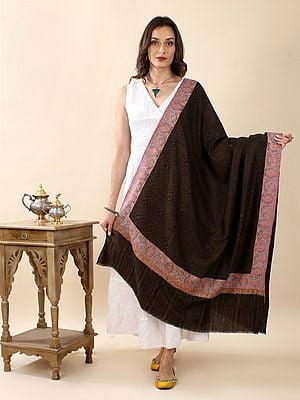 Optical Illusion Checkered Weave Pure Pashmina Shawl With Multicolor Sozni Hand-Embroidered Border