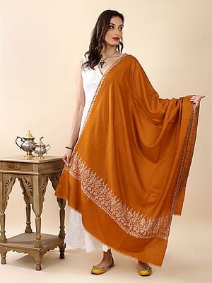 Orange-Papper Pure Pashmina Shawl with Mughal Paisley Sozni-Embroidery by Hand on Border