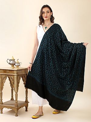 Pirate-Black Pure Pashmina Sozni Thread Silk Hand-Embroidered Shawl With Jaaldaar Floral Bail